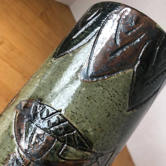 Vintage Japanese Otagiri Incised Vase by OMC Cylinder Pottery Olive Brown Colors - Picture 10 of 10